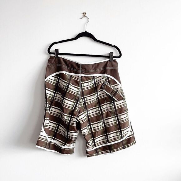 Billabong Mens Board Shorts Plaid Embroidered Signature Trunks Brown Sz 36 - Picture 2 of 10